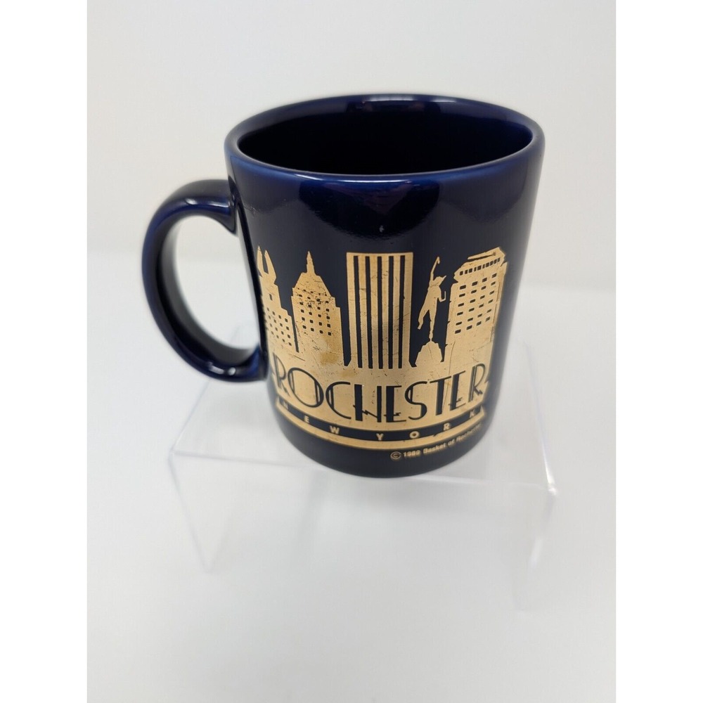 Vintage‎ 1989 Rochester New York Coffee Mug Cup Blue Gold Skyline Mercury Statue
